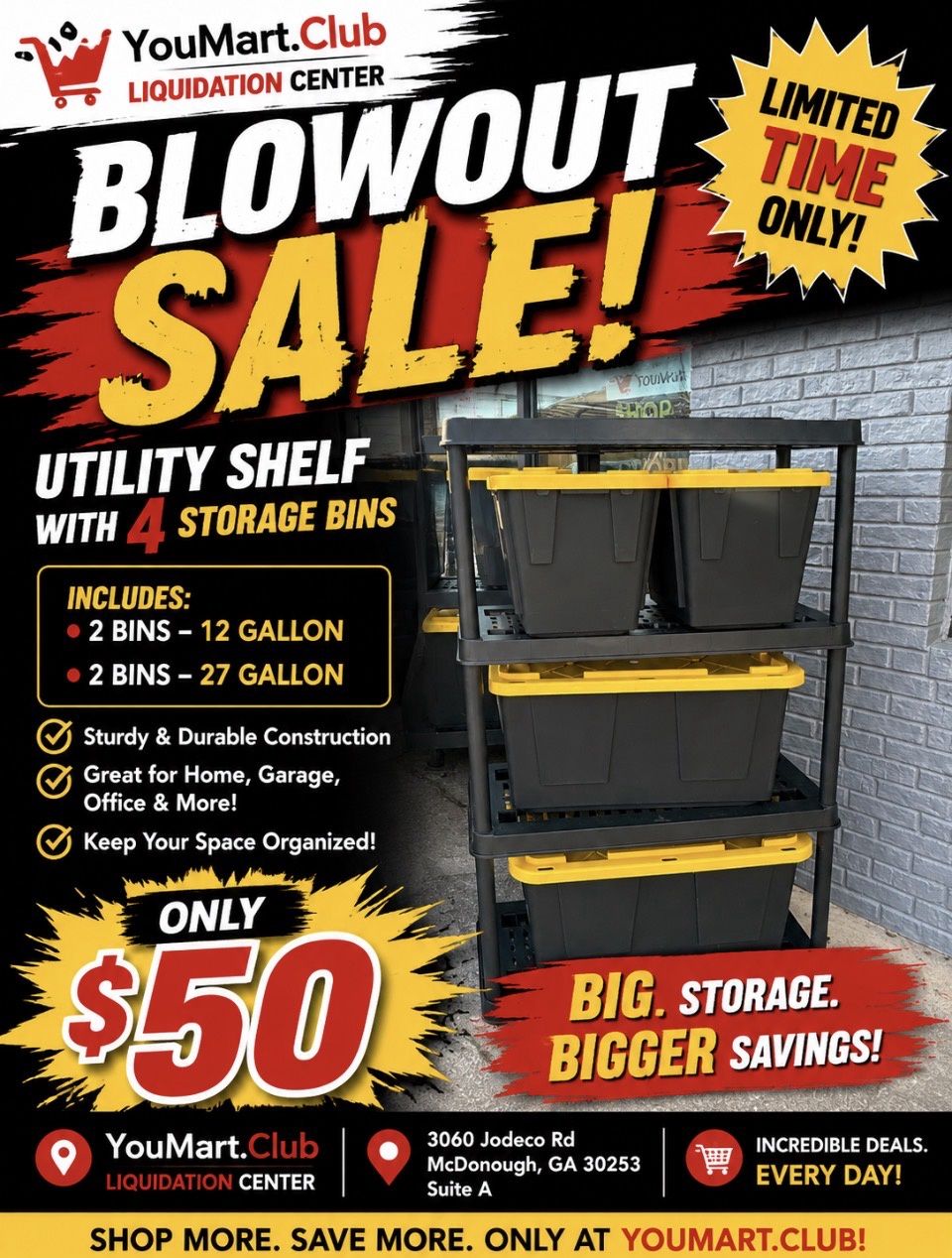 Blow Out Sale Utility Shelf with 4 Storage Bins 2-12 Gallon and 2-27 Gallon Containers
