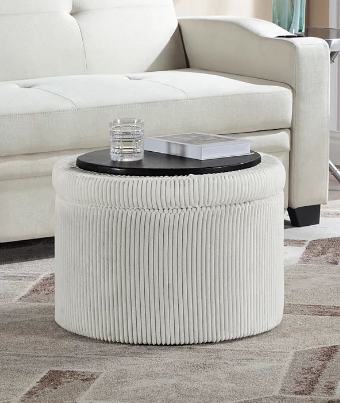 Convenience Concepts 22" Designs4Comfort Round Corduroy Shoe Storage Ottoman with Reversible Tray Lid