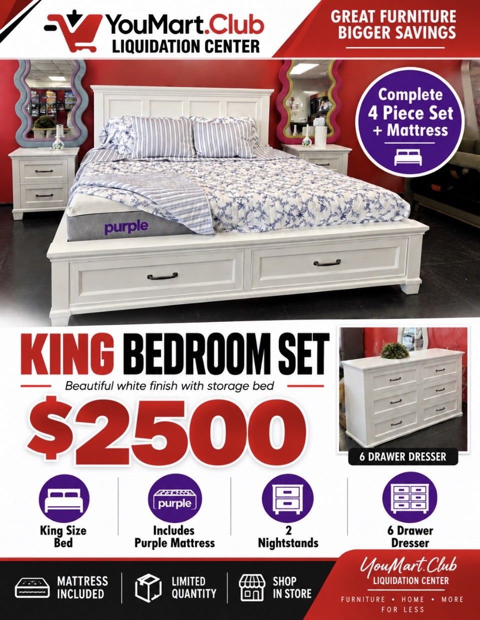 Rose Universal Broadmoore Bed Frame with Storage, 2 Nightstands,  6 draw dresser and PURPLE Mattress