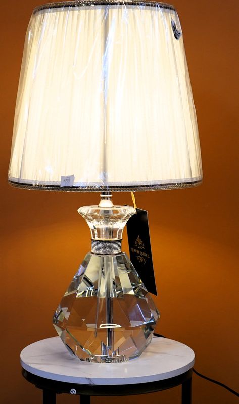 Faceted Crystal Prism Lamp with Gold-Trimmed Shade
