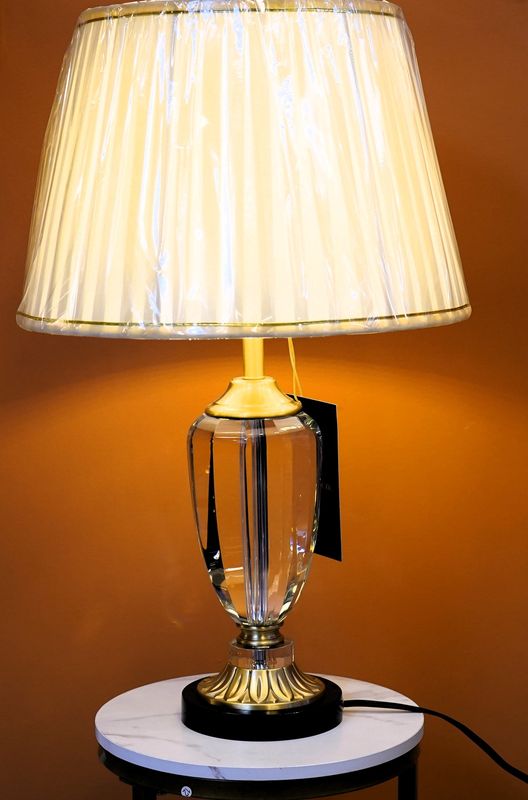 Gold-Crowned Crystal Table Lamp with Pleated Shade