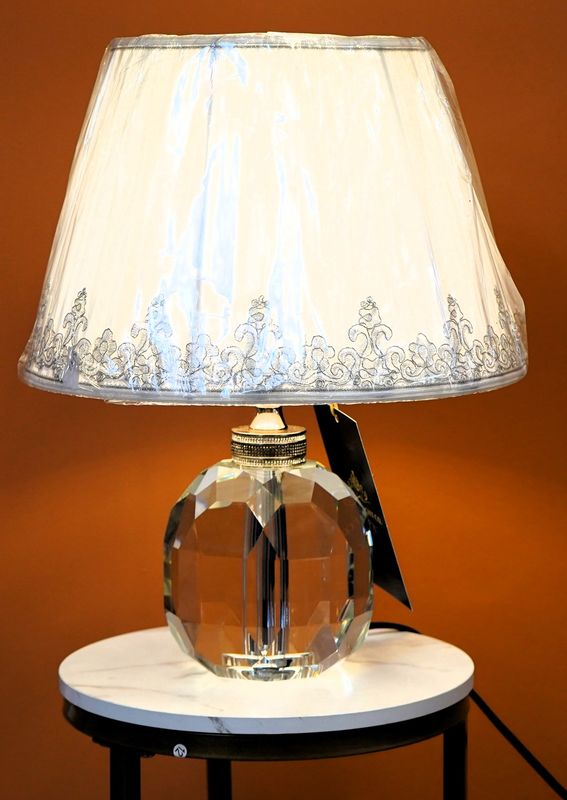 Ornate Crystal Globe Lamp with Embroidered Lace Shade