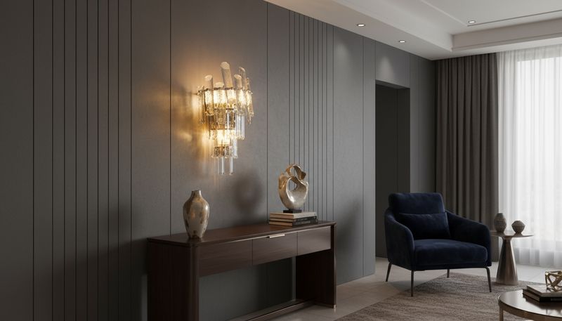 Midnight Panel Ensemble with Crystal Sconce &amp; Sculptural Console