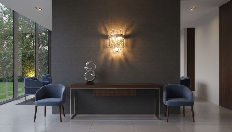 Crystal Radiance Wall Display with Sculptural Console &amp; Velvet Seating