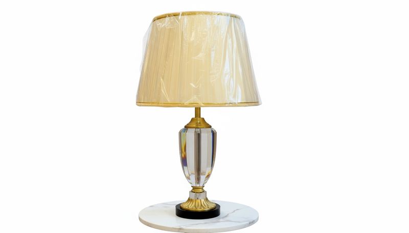 Gold-Crowned Crystal Table Lamp with Pleated Shade