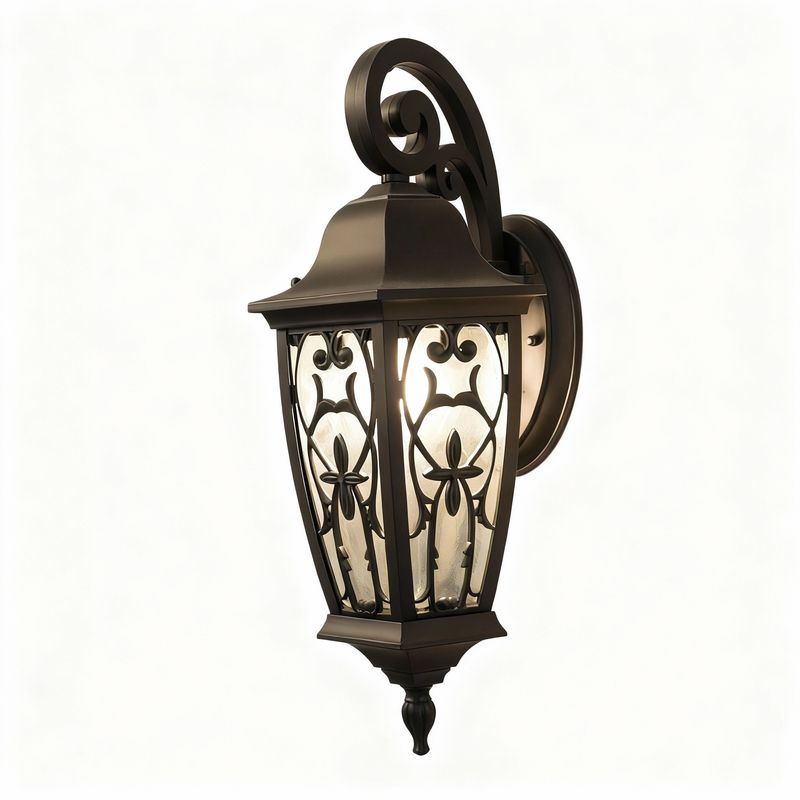 Ornate Twin Lantern Street Lamp Antique Iron with Amber Glow