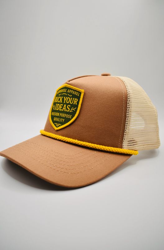 Buck Your Ideas Farmhouse Apparel Brown / Grey / Yellow Trucker Cap