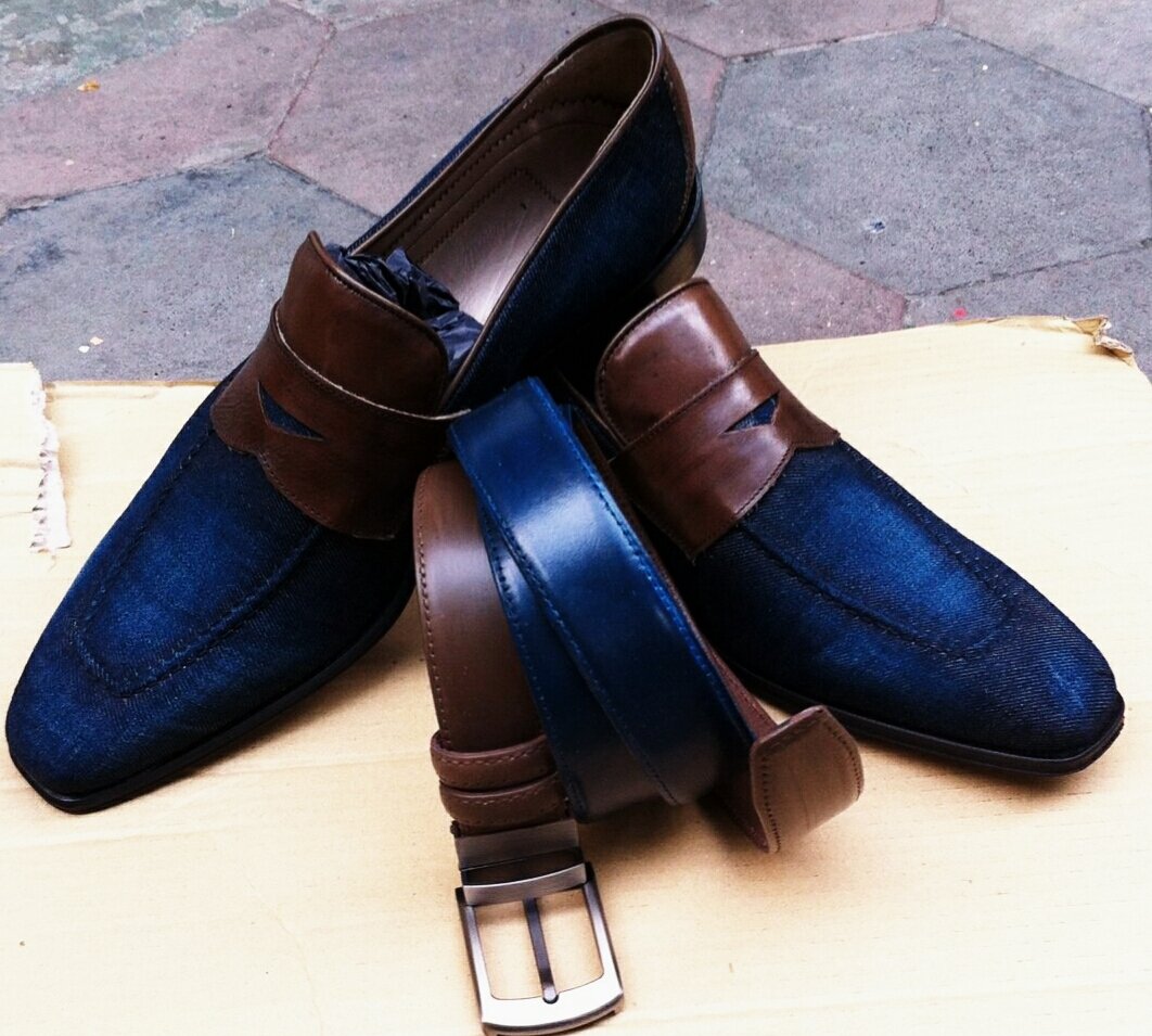 Suede Blue Two Tone slip On &amp; Matching Belt