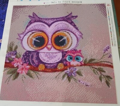 Owls 40 x 40cm square drills - completed by Di Parsons