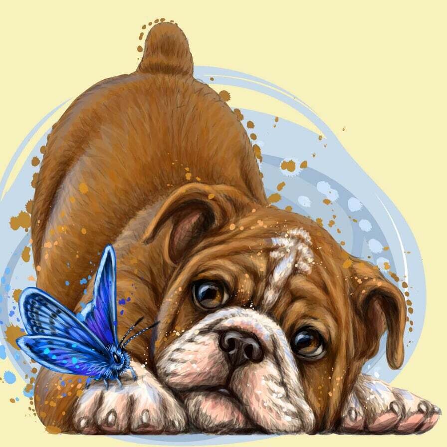 Puppy Blue Butterfly By Alison - Full Drill Diamond Painting - Specially ordered for you.  Delivery is approximately 4-6 weeks