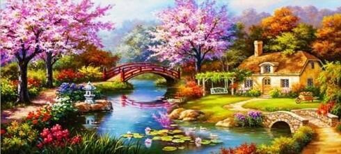 Cherry Blossom Lake House - Full Drill (square), 80 x 110cm Diamond Painting Kit - Currently in stock