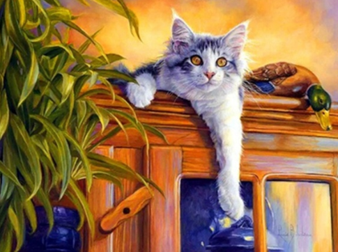 Cat On Cupboard - Full Drill Diamond Painting - Specially ordered for you. Delivery is approximately 4 - 6 weeks.