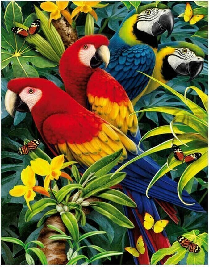 Colourful Parrots - 50 x 70cm - Full Drill (square), POURED GLUE - Diamond Painting Kit - Currently in stock