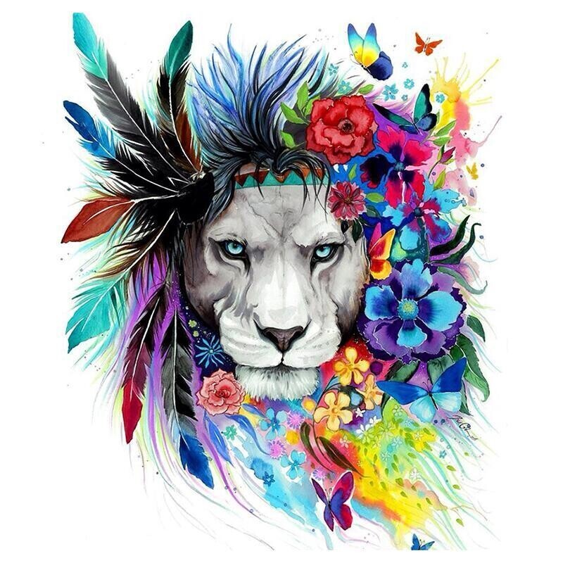 Lion With Flowers - 40 x 40cm Full Drill (Square), POURED GLUE - Diamond Painting Kit - Currently in stock