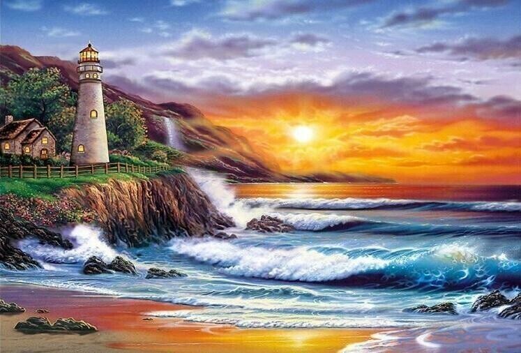 Sunset Lighthouse Beach - 60 x 90cm- Full Drill (round) POURED GLUE - Diamond Painting Kit - Currently in stock