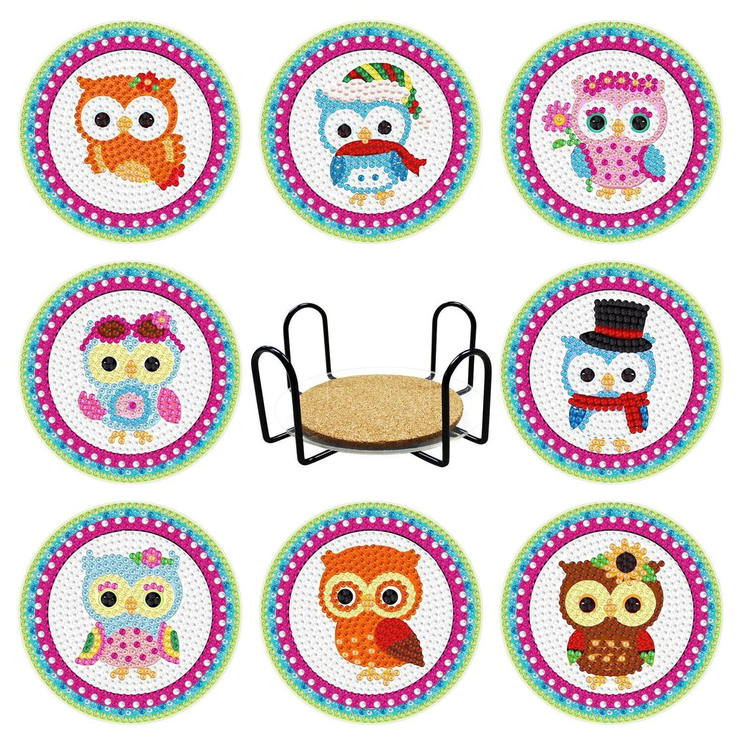 Set of 8 Coasters with stand - Owls
