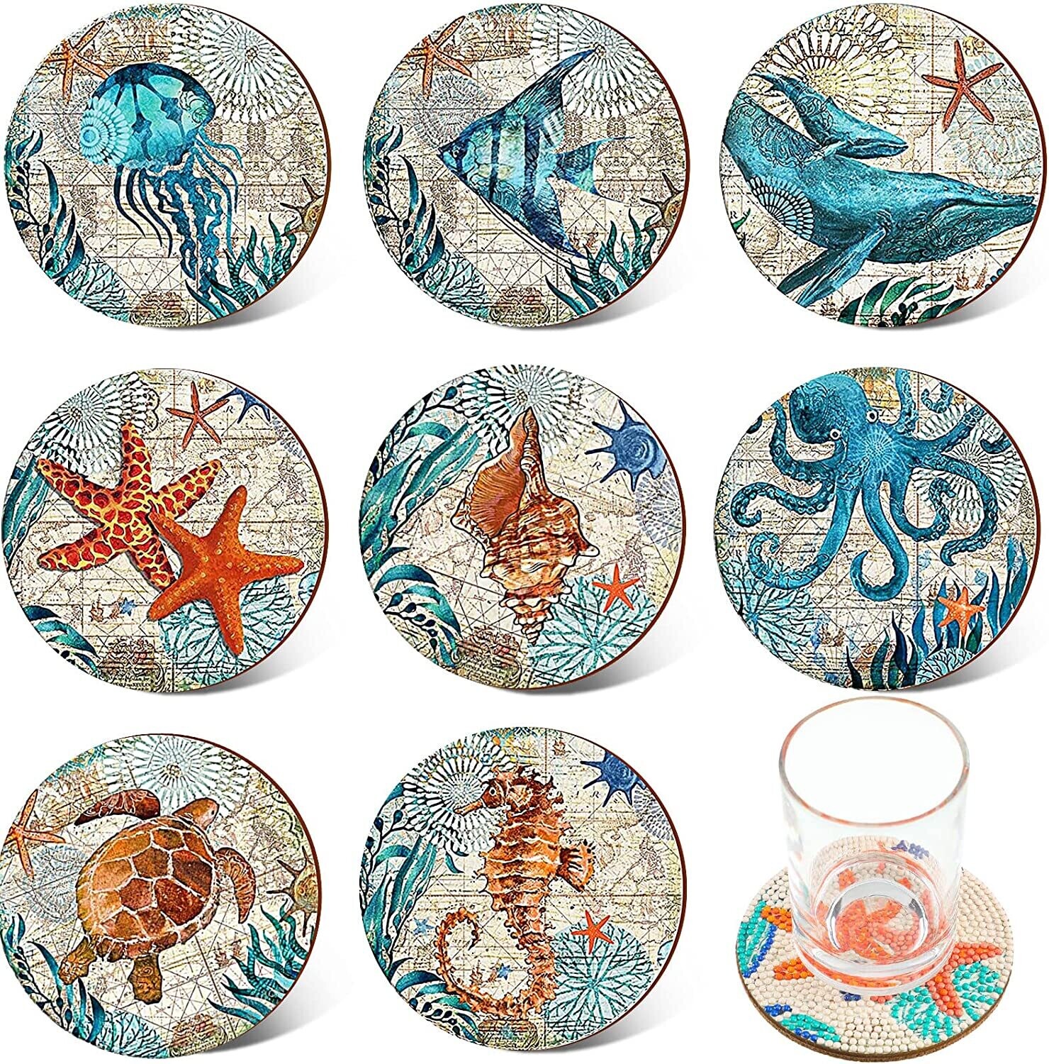 Set of 8 Coasters with stand - OCEAN LIFE - BD213