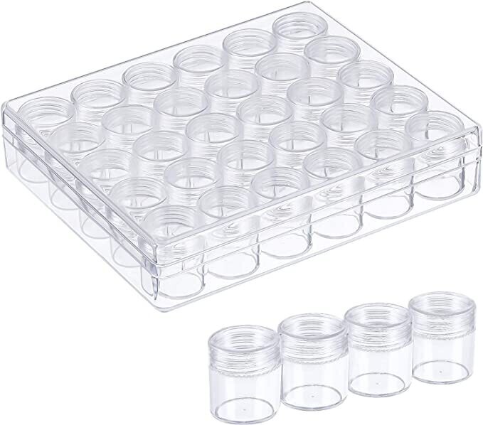 Clear plastic bead storage box with 30 bottles