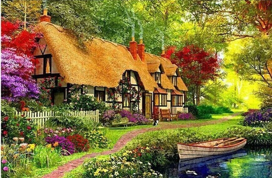 THATCHED COTTAGE(square) POURED GLUE - Diamond Painting Kit - Currently in stock