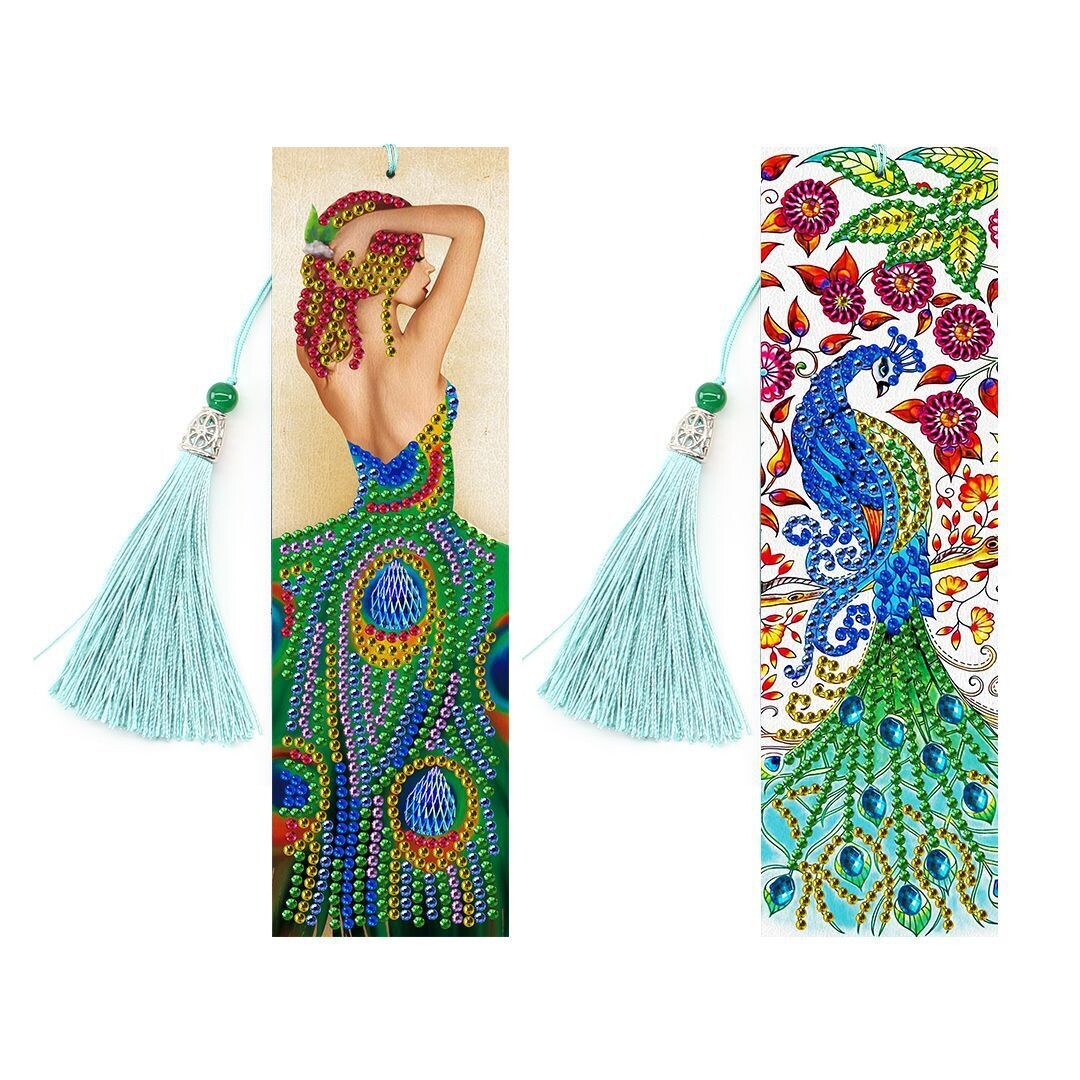 Diamond Painting Bookmarks - Set of 2  - LADY /PEACOCK - SQ01