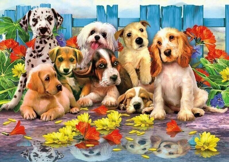 Puppies - 50 x 70cm - Full Drill (square), POURED GLUE - Diamond Painting Kit - Currently in stock