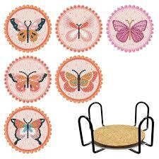 Set of 6 Coasters with stand - Butterflies