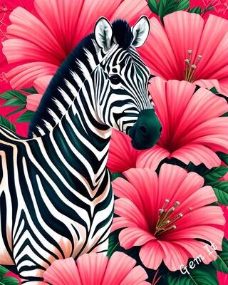 Zebra in Pink Flowers 350 - Specially ordered for you. Delivery is approximately 4 - 6 weeks.