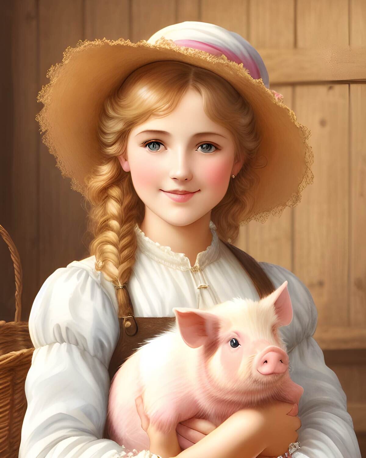 Farm Girl with Pig - 30 x 40cm Full Drill (Square) POURED GLUE - Diamond Painting Kit