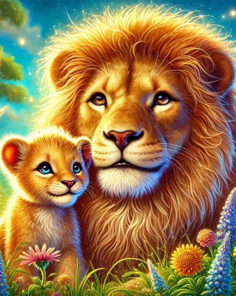 Lion and cub - 30 x 40cm Full Drill (Square drills) POURED GLUE - Diamond Painting Kit