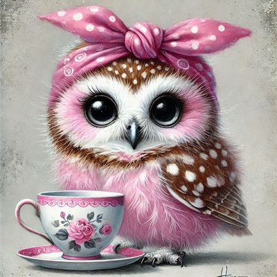 Owl &amp; tea cup - 30 x 30cm Full Drill AB Kit, (Round drills) - Currently in stock