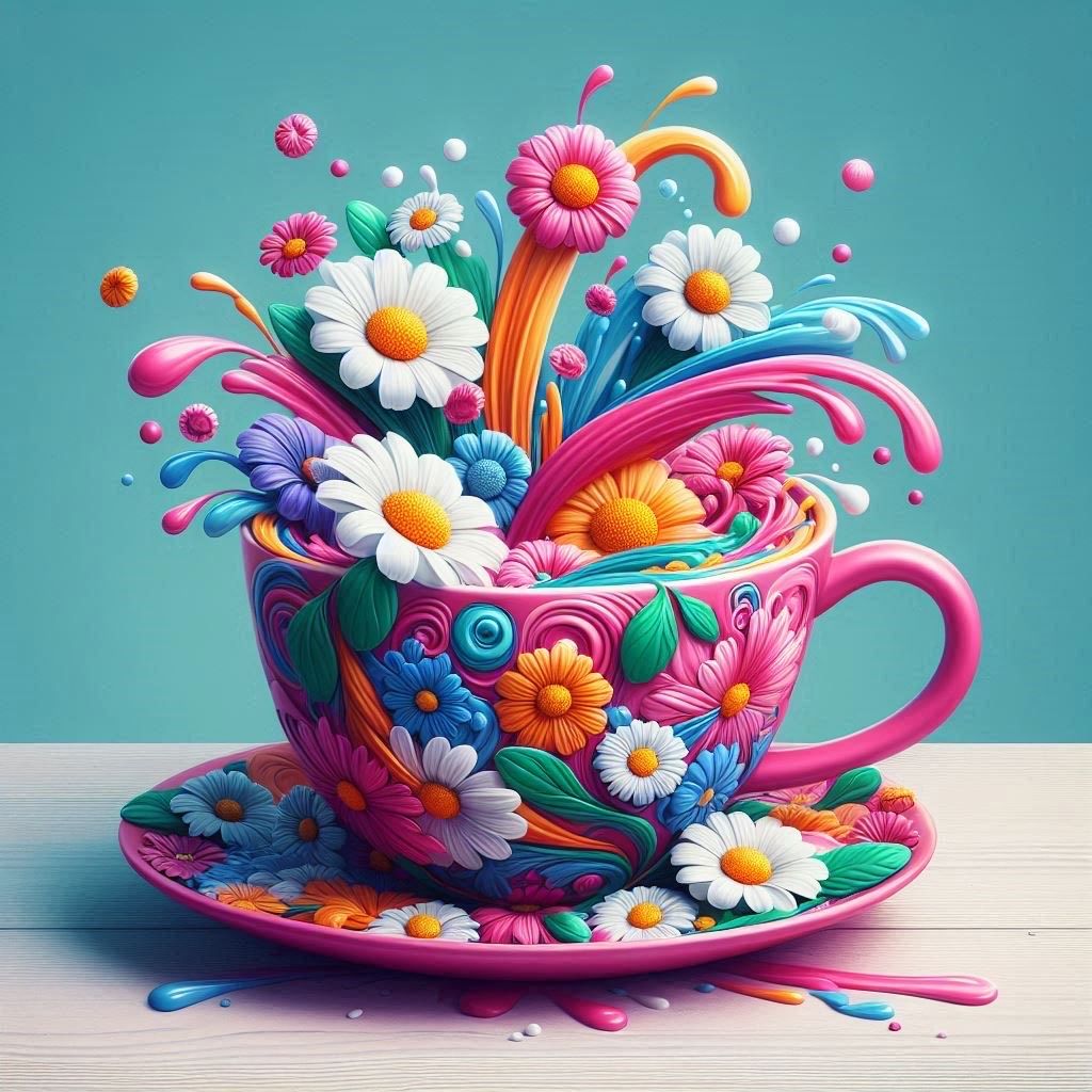 Flowers in a tea cup DELUXE Full Drill Kit with ABs (Round drills) - 40 x 40cm - Currently in stock