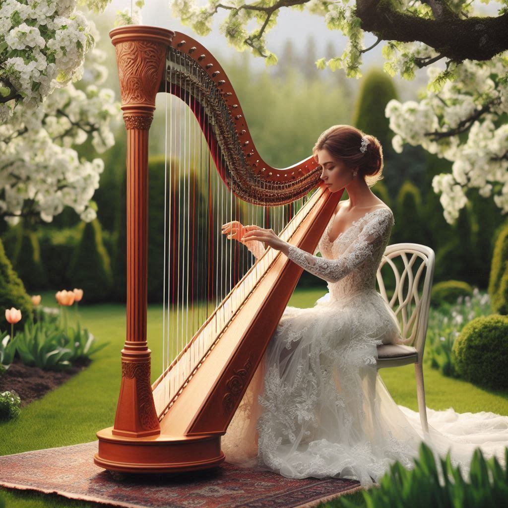 Elegant woman paying harp- Full Drill Diamond Painting - Specially ordered for you. Delivery is approximately 4 - 6 weeks.
