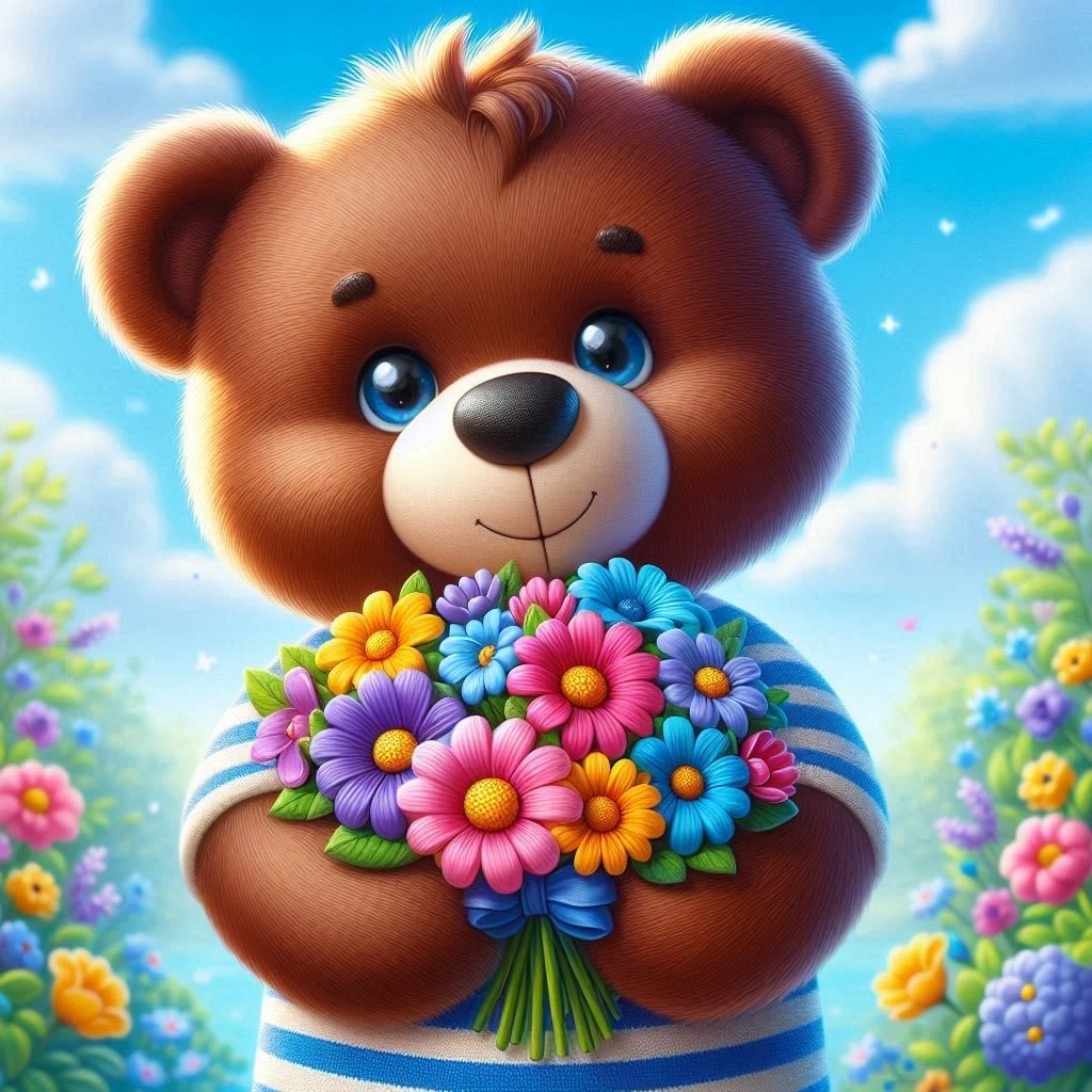 Teddy Bear With Flowers - DELUXE Full Drill Kit with ABs (Round drills) - 40 x 40cm - Currently in stock