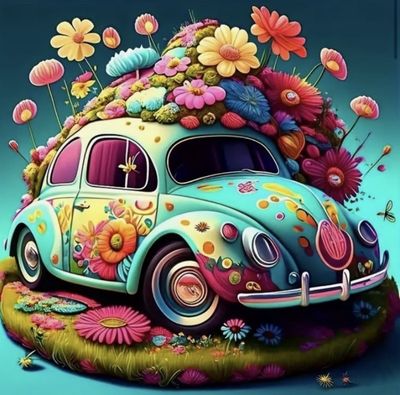 Car with flowers- DELUXE Full Drill Kit with ABs (Round drills) 50 x 50cm - Currently in stock