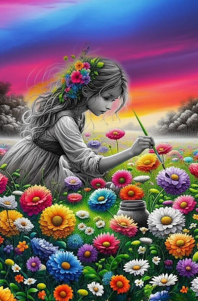 Girl painting flowers - DELUXE Full Drill AB Kit (Round drills) - 40 x 60cm   Currently in stock