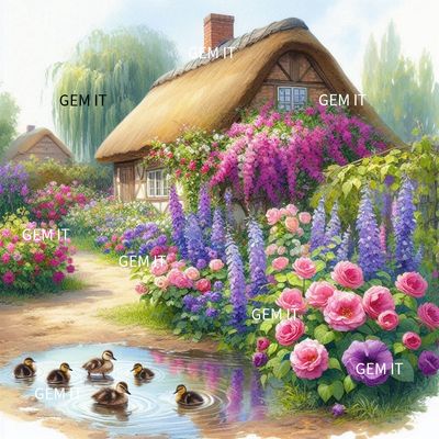 Flowers with cottage - DELUXE Full Drill Kit, (Square drills) - 60 x 60cm