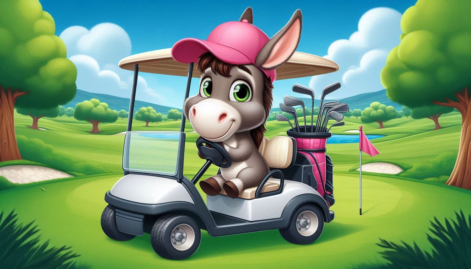 Donkey in golf cart - 30 x 50cm Full Drill (Round drills) POURED GLUE - Diamond Painting Kit