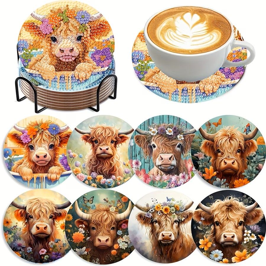 Set of 8 Coasters with stand -Highland Cows
