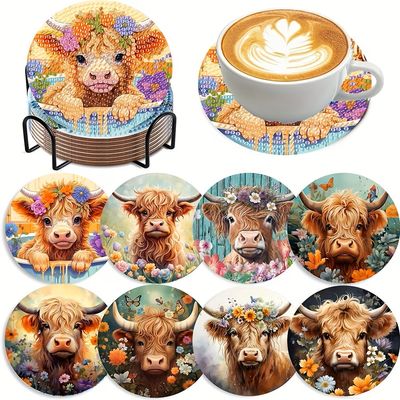 Set of 8 Coasters with stand -Highland Cows