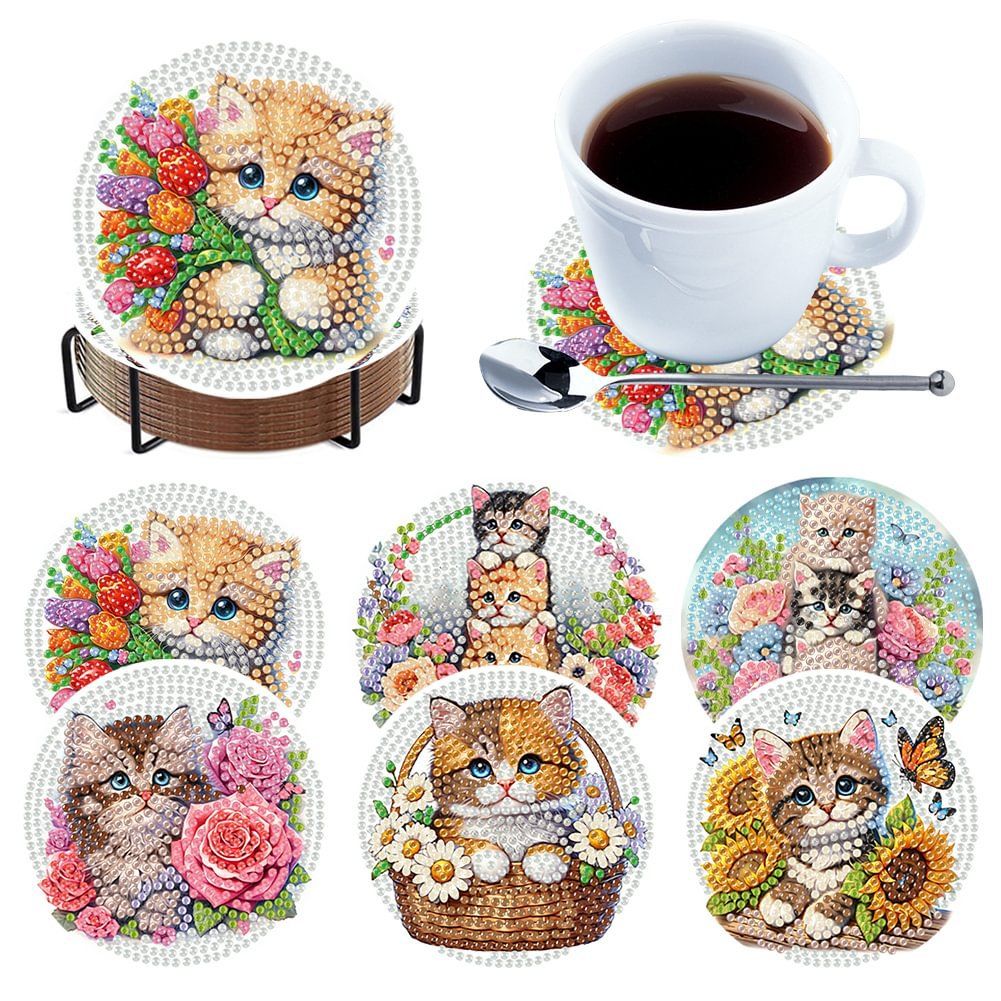 Set of 6 Coasters with stand - Cats
