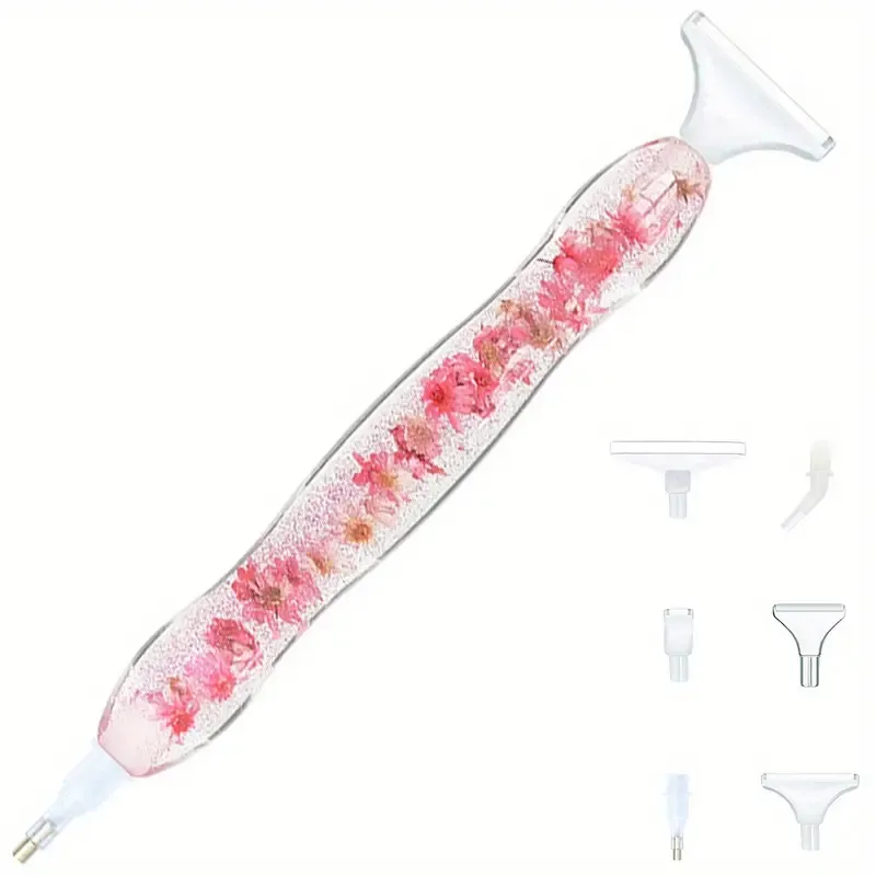 Dried Flower Resin Drill Pen with 6 assorted tips, Design: Pink Flowers