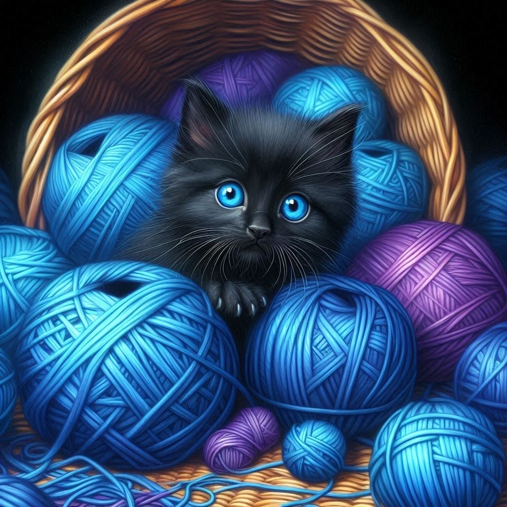 Black Kitten with wool  - DELUXE Full Drill Kit with ABs (Round drills) 50 x 50cm - Currently in stock