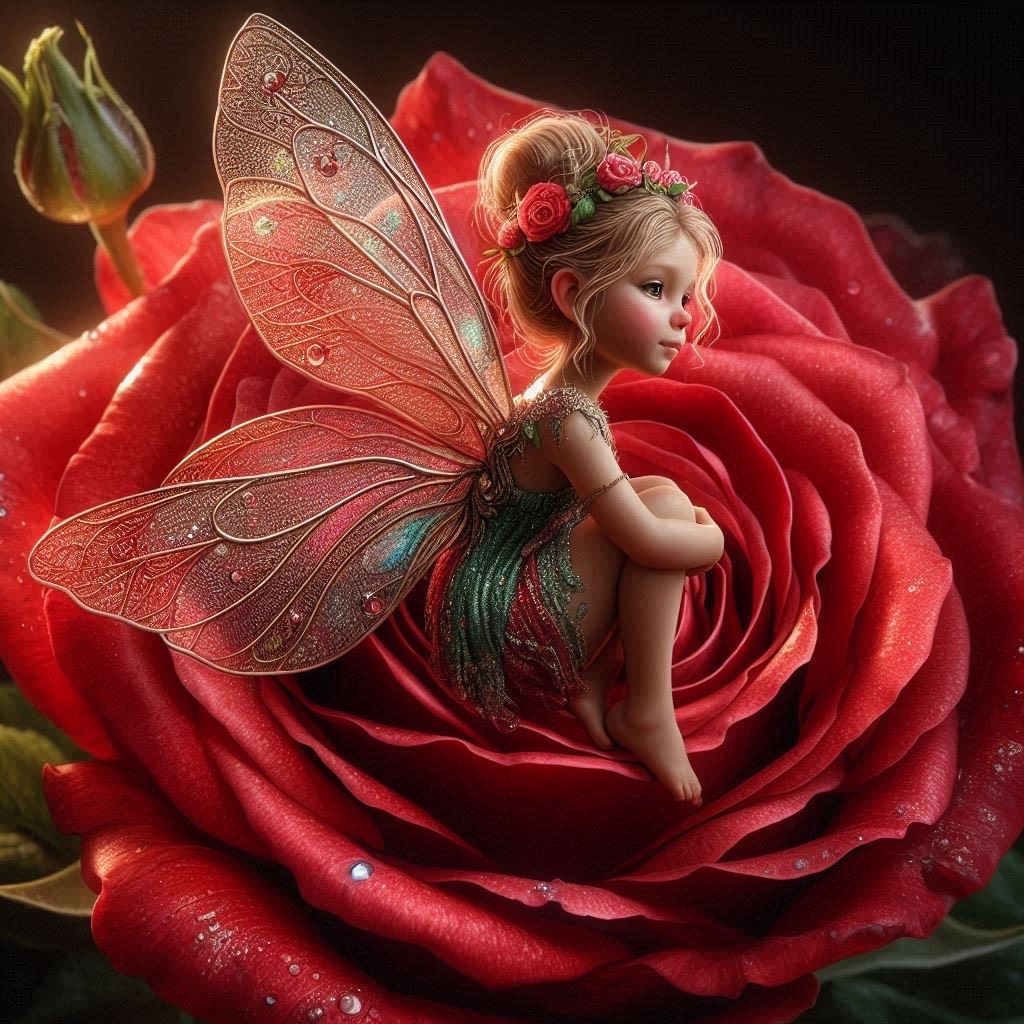 Fairy on a red rose - DELUXE Full Drill Kit with ABs (Round drills) - 40 x 40cm - Currently in stock