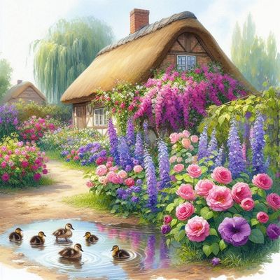 Flowers with cottage- Full Drill Diamond Painting - Specially ordered for you. Delivery is approximately 4 - 6 weeks.