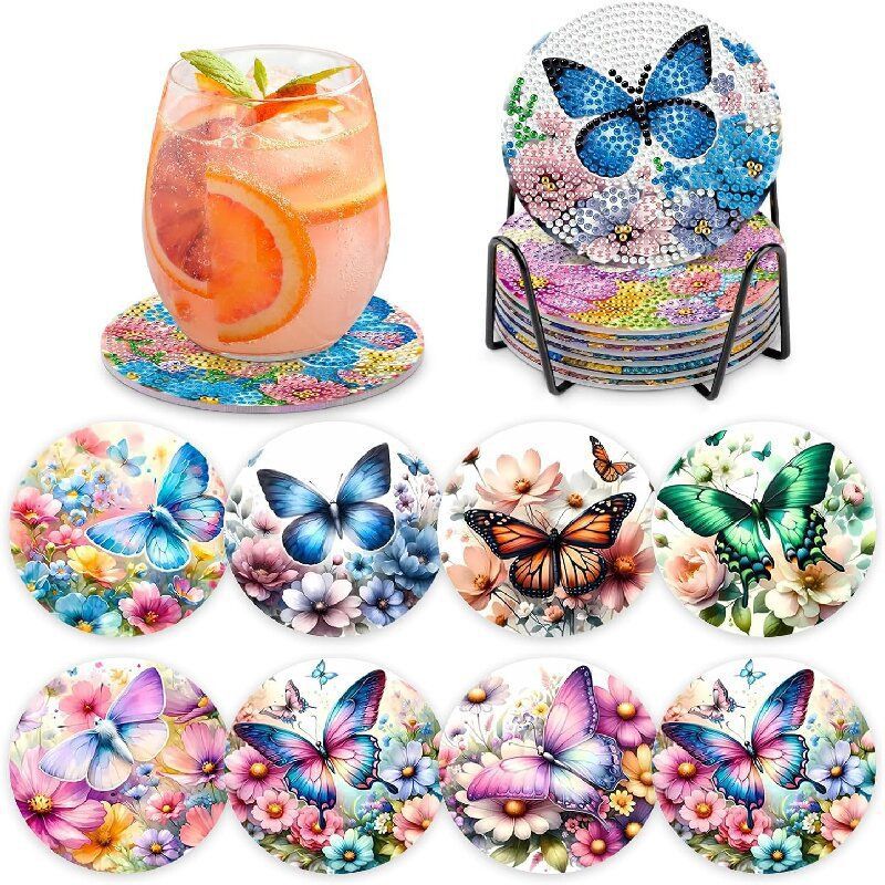 Set of 8 Coasters with stand -Butterflies