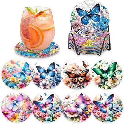 Set of 8 Coasters with stand -Butterflies