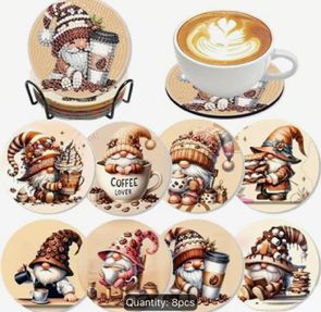 Set of 8 Coasters with stand - Gnomes with coffee Set of 8 Coasters with stand - Gnomes with coffee