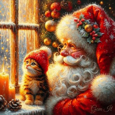 Santa &amp; Kitten- DELUXE Full Drill AB Kit, (Round drills) - 60 x 60cm  Currently in stock
