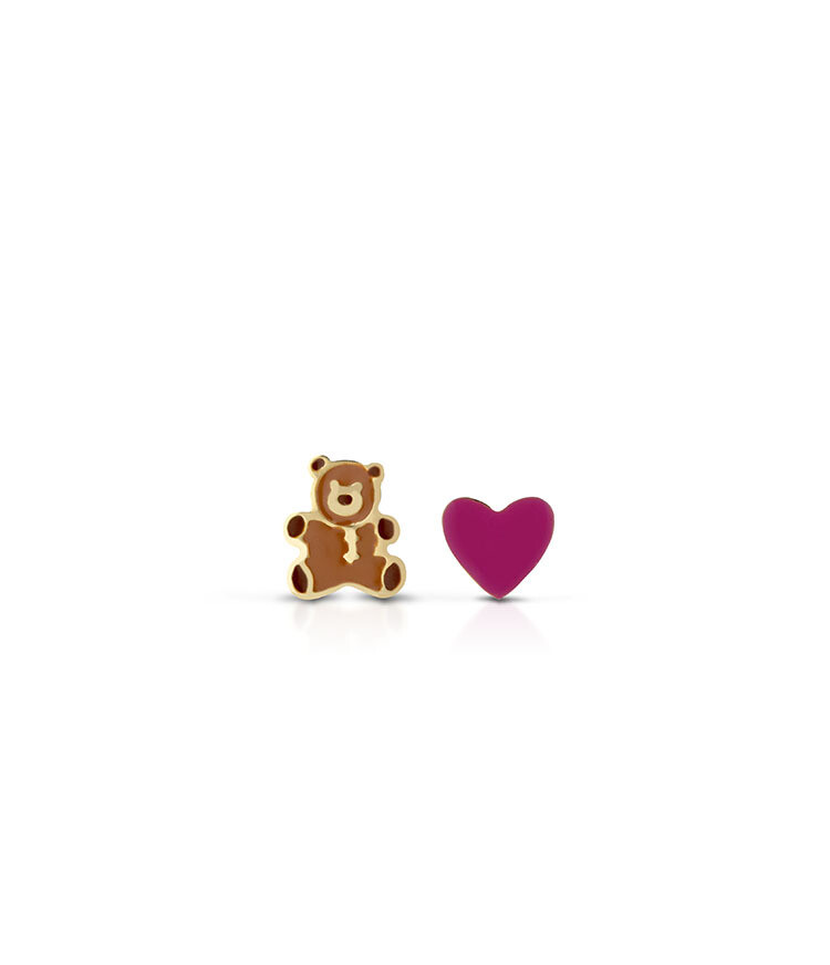 Orecchino oro giallo 9kt con orsetto e cuore