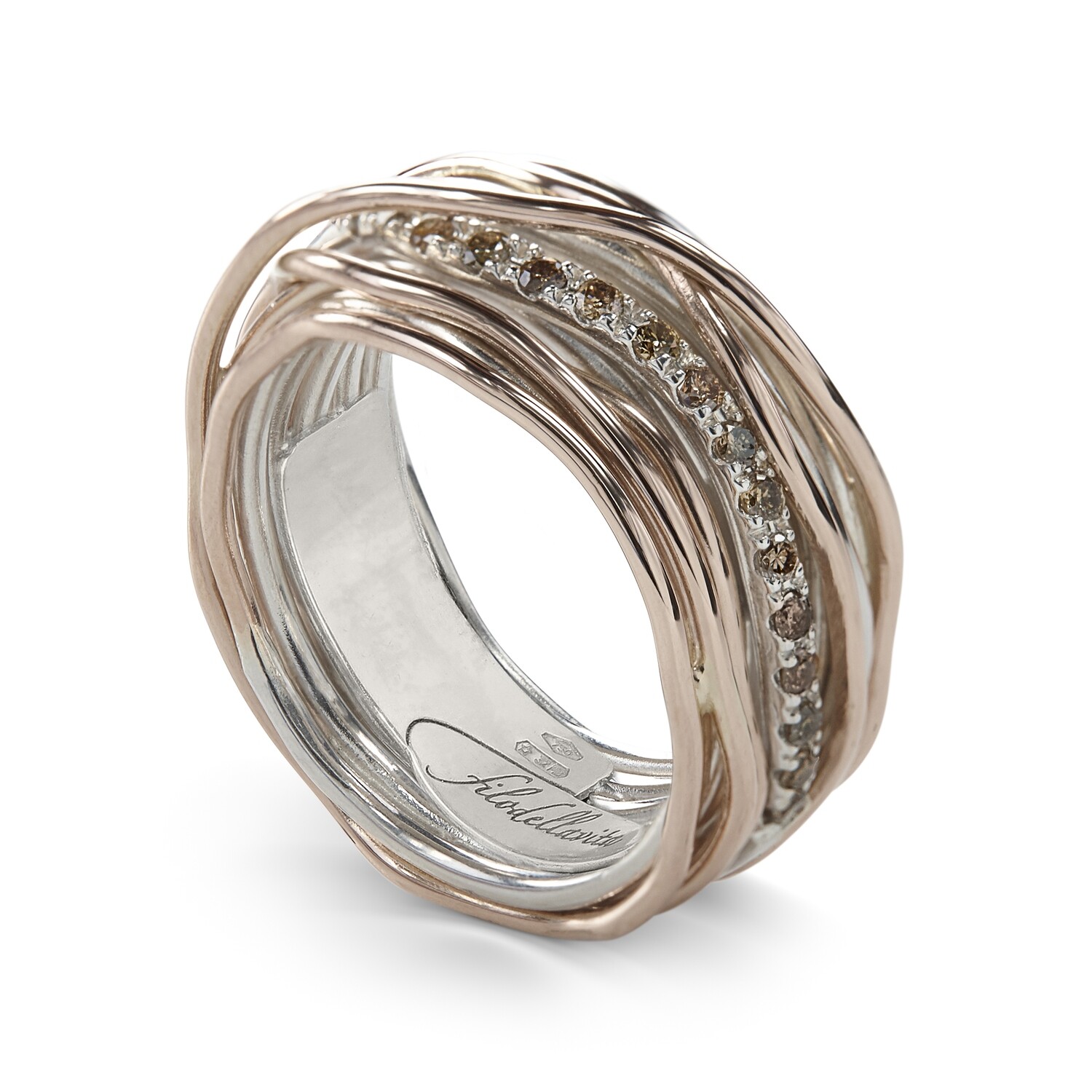 ANELLO 13 FILI ORO ROSA/ARGENTO E DIAMANTI MIELE